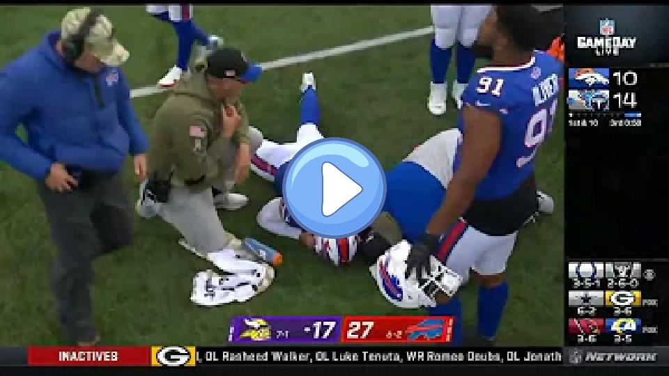 Play video: Josh Allen is lying down, seemingly affected by the injury. Video thumb: Josh Allen is lying down, seemingly affected by the injury.