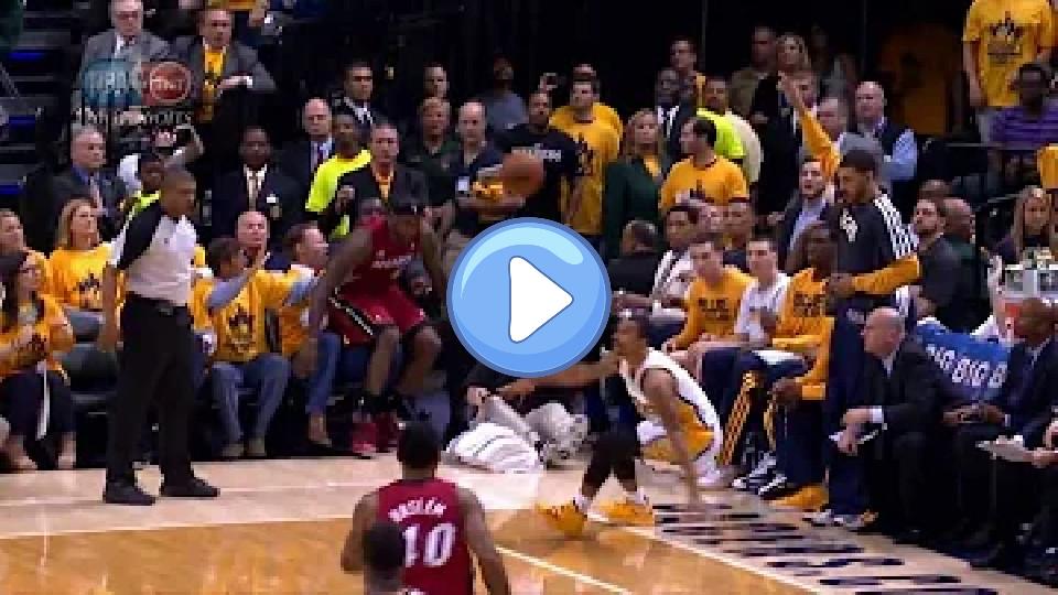 Play video: LeBron James falls into Shaq's lap! Video thumb: LeBron James falls into Shaq's lap!