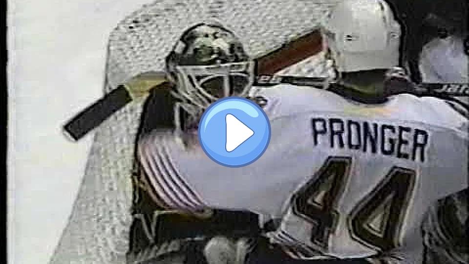 Play video: Chris Pronger roughs up goalie Andy Moog Video thumb: Chris Pronger roughs up goalie Andy Moog