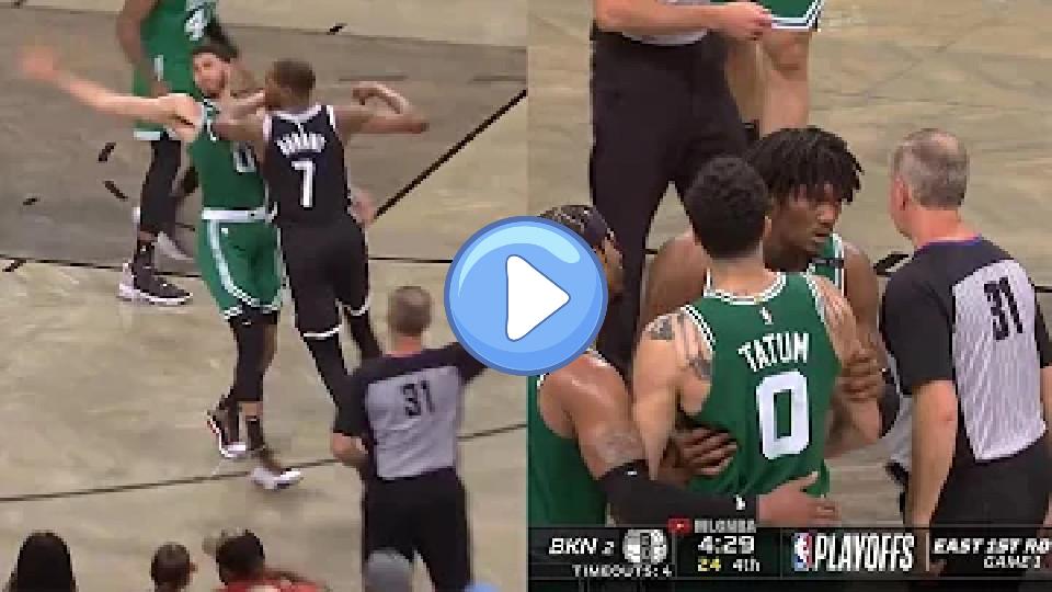 Play video: Kevin Durant pushes Tatum in the throat, then JT wants to fight 👀 Nets vs. Celtics Game 1. Video thumb: Kevin Durant pushes Tatum in the throat, then JT wants to fight 👀 Nets vs. Celtics Game 1.