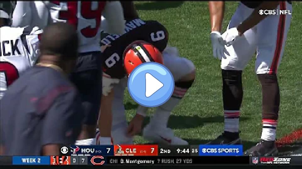 Play video: Baker Mayfield Attempts to Make a Tackle and Injures Shoulder | Browns vs. Texans Video thumb: Baker Mayfield Attempts to Make a Tackle and Injures Shoulder | Browns vs. Texans