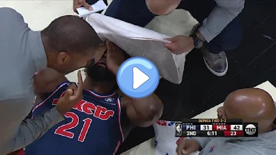 Play video: Joel Embiid started crying after getting hit in the face again and was upset with the referees. Video thumb: Joel Embiid started crying after getting hit in the face again and was upset with the referees.