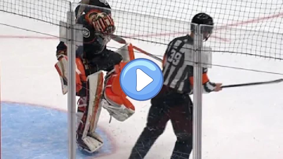 Play video: Play is stopped after John Gibson gets his stick stuck in his equipment. Video thumb: Play is stopped after John Gibson gets his stick stuck in his equipment.