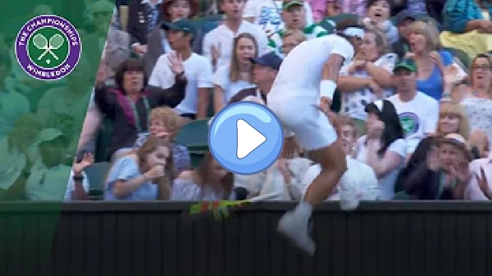 Play video: Rafa Nadal ends up in the crowd in a desperate race for the ball | Wimbledon 2018 Video thumb: Rafa Nadal ends up in the crowd in a desperate race for the ball | Wimbledon 2018